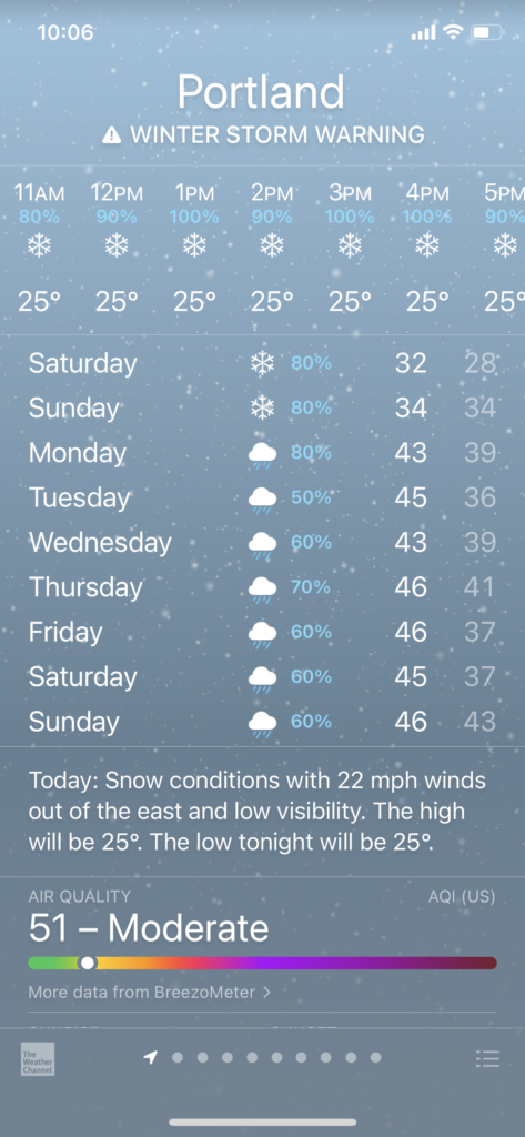 Screenshot from The Weather Channel showing two days of snow in the forecast, followed by rain and above-freezing temperatures.