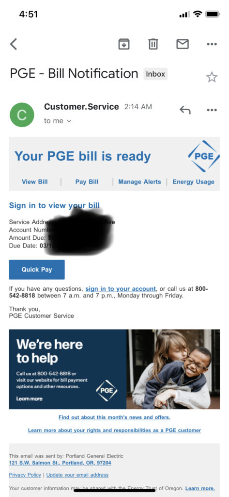 Monthly bill statement from PGE power company.