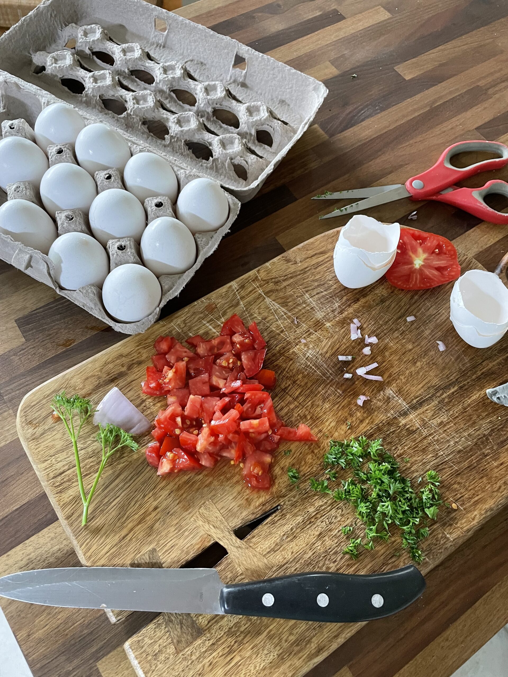 cutting board with chopped tomatoes, onion, and parsely