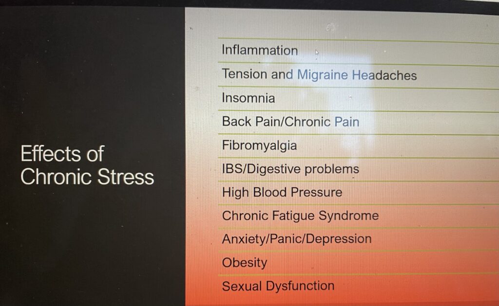 Chart that lists common effects of chronic stress:  inflammation, tension and migraine headaches, insomnia, back pain/chronic pain, fibromyalgia, IBS/digestive problems, high blood pressure, Chronic Fatigue Syndrome, anxiety/panic/depression, obesity, sexual dysfunction